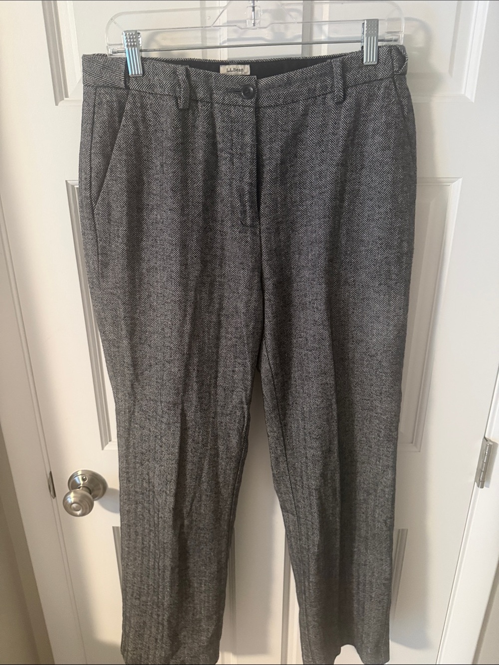 L.L.Bean Women's Herringbone Lined Gray Cotton Straight Leg Trouser Pants 12